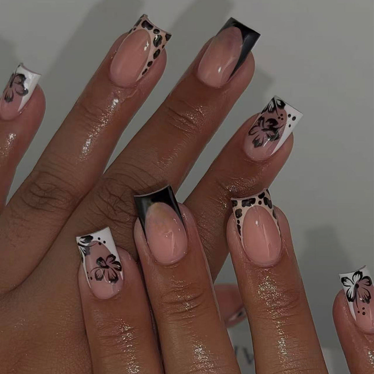 Wildflower Chic Long Square Pink and Black with Floral Detailing Press on Nail Set