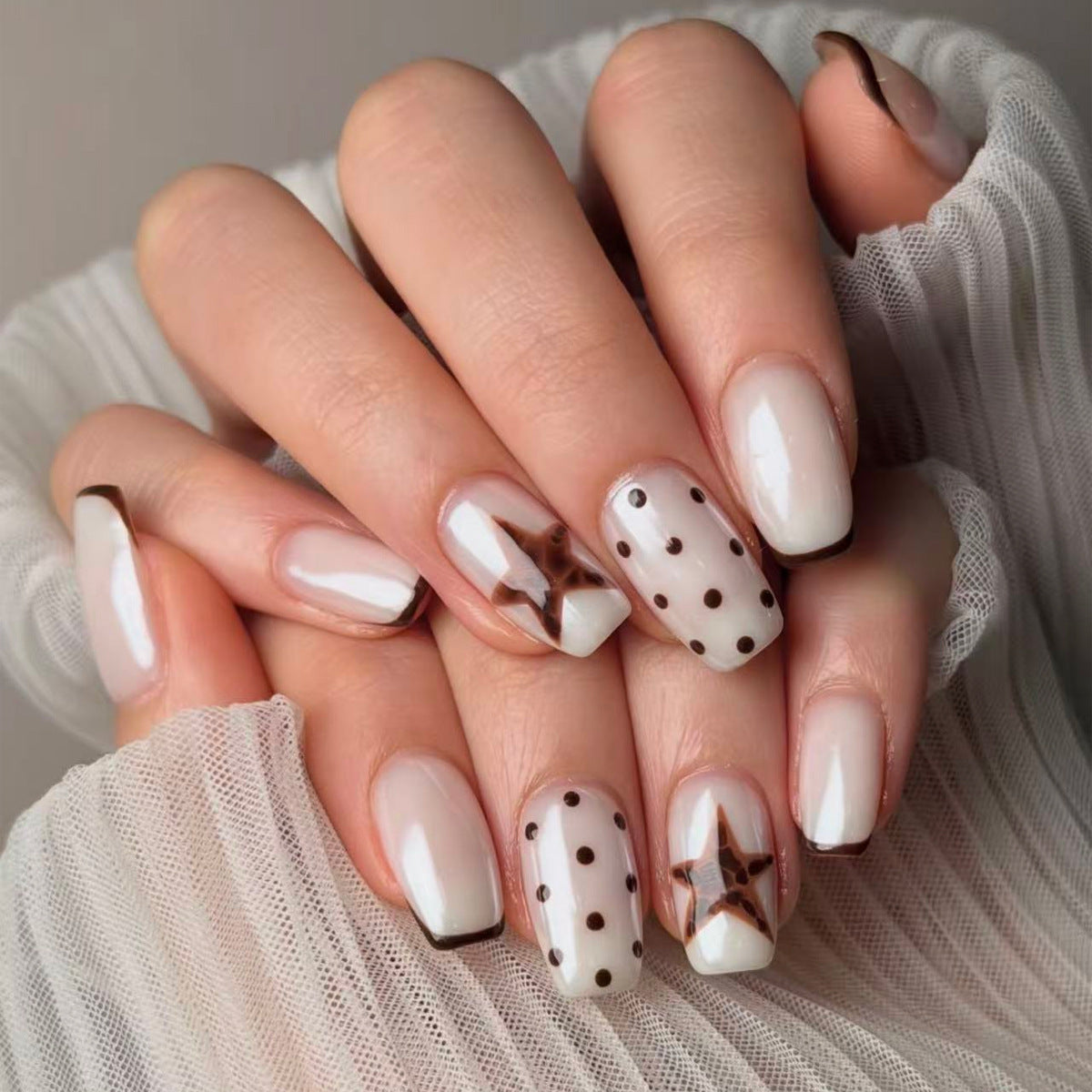 Chic Coffee Dream Medium Coffin Beige with Brown Accent Stars and Polka Dots Press-On Nail Set