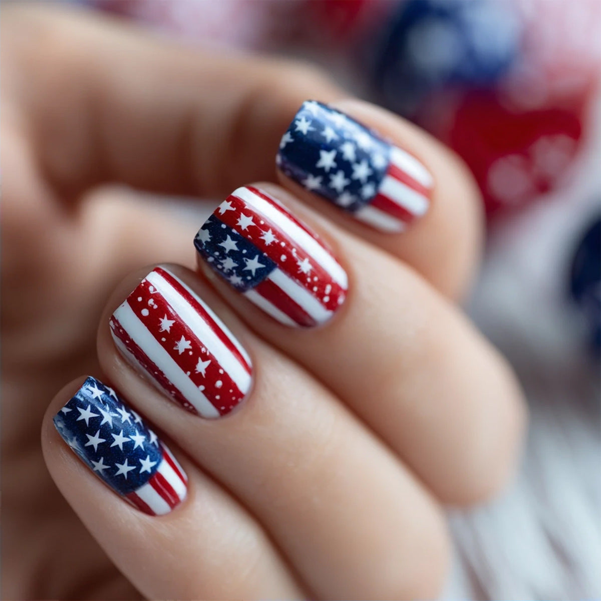 Patriotic Short Square Red and Blue Star Design Press On Nail Set