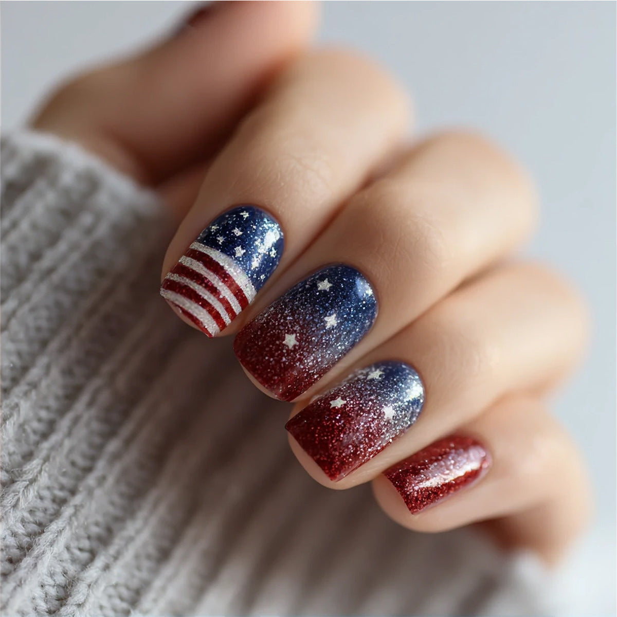 Patriotic Glamour Medium Square Red and Blue Glitter Press-On Nail Set