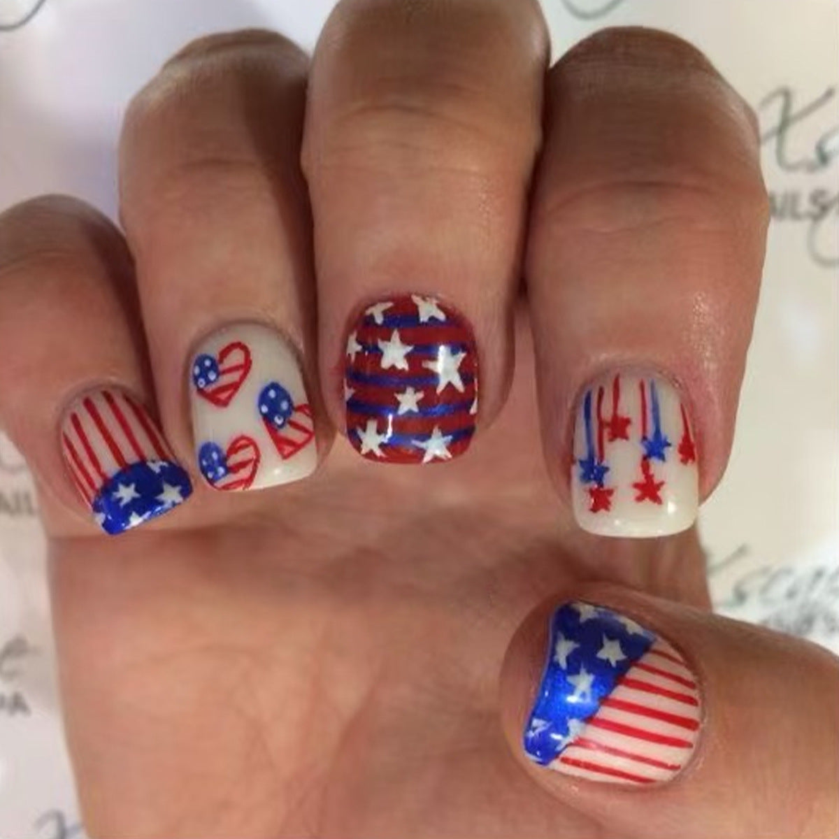 Patriotic Glam Short Square Red and Blue Star Accent Press on Nail Set
