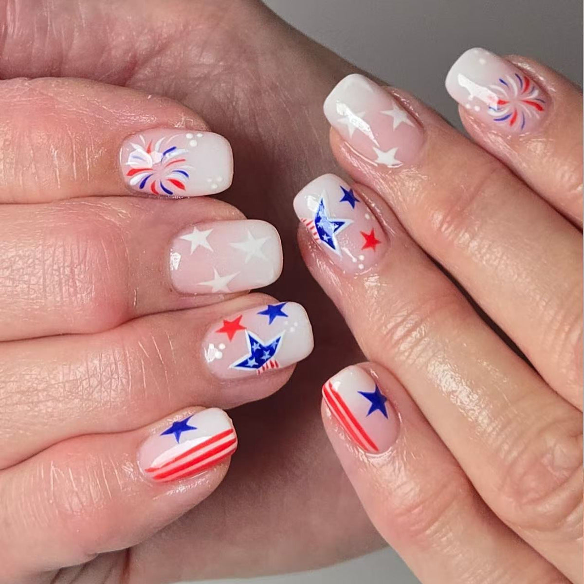 Patriotic Celebration Short Square White with Red and Blue Star Design Press On Nail Set