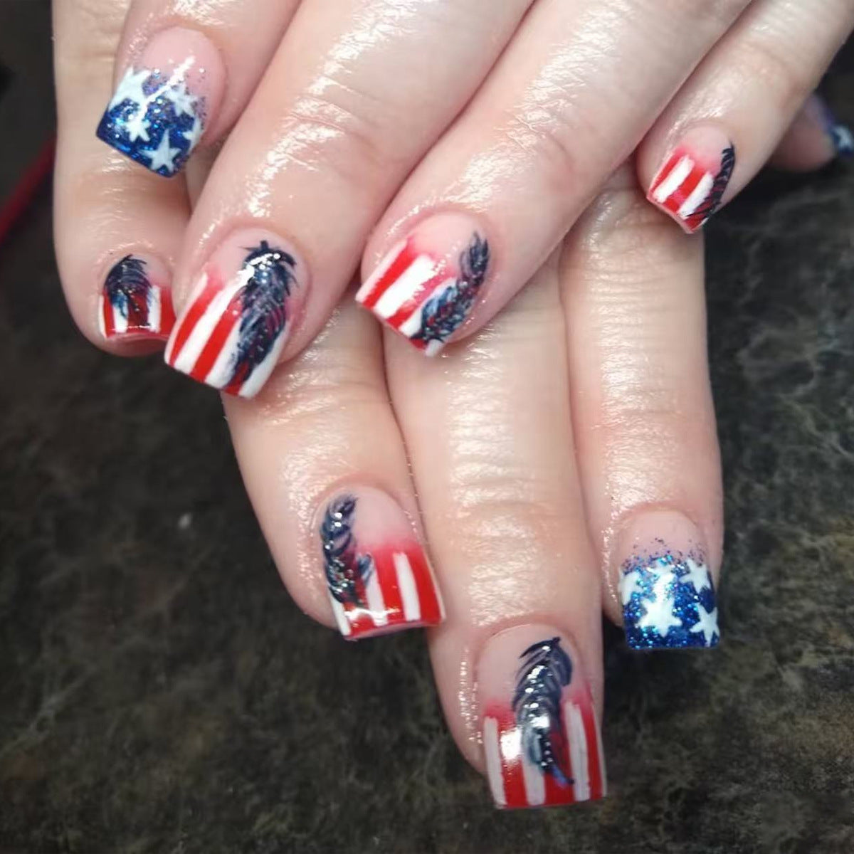 Patriotic Short Square Red White and Blue Glitter Nail Set