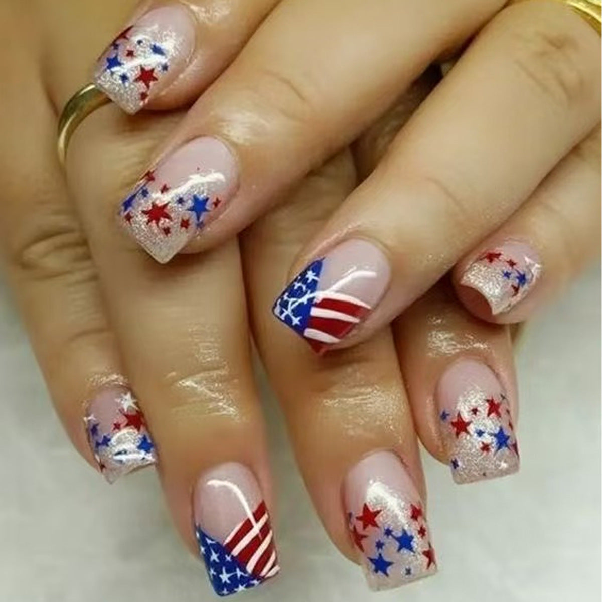 Patriotic Celebration Medium Square Red and Blue Star Press On Nail Set