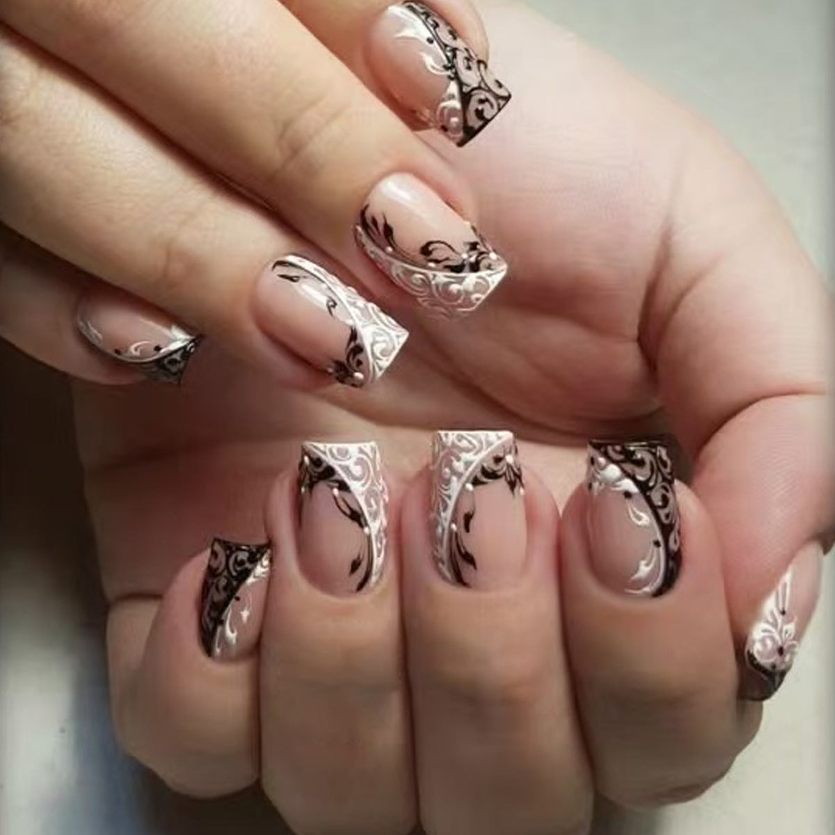 Elegant Artistry Short Square Sheer Beige with Intricate Black Floral Design Press on Nail Set