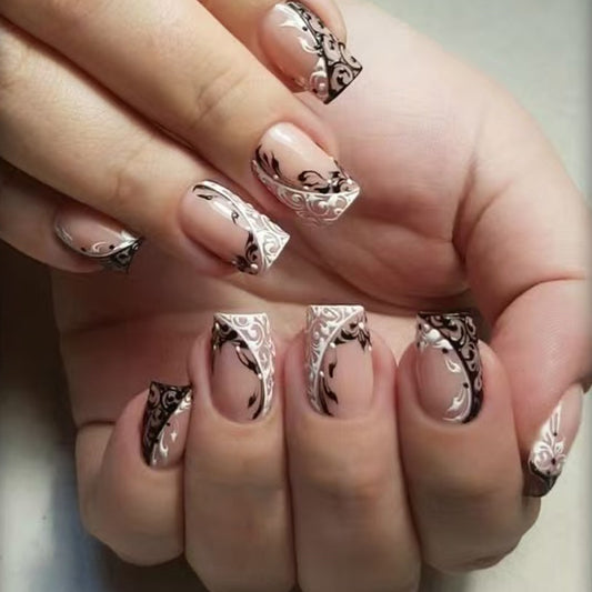 Elegant Artistry Short Square Sheer Beige with Intricate Black Floral Design Press on Nail Set