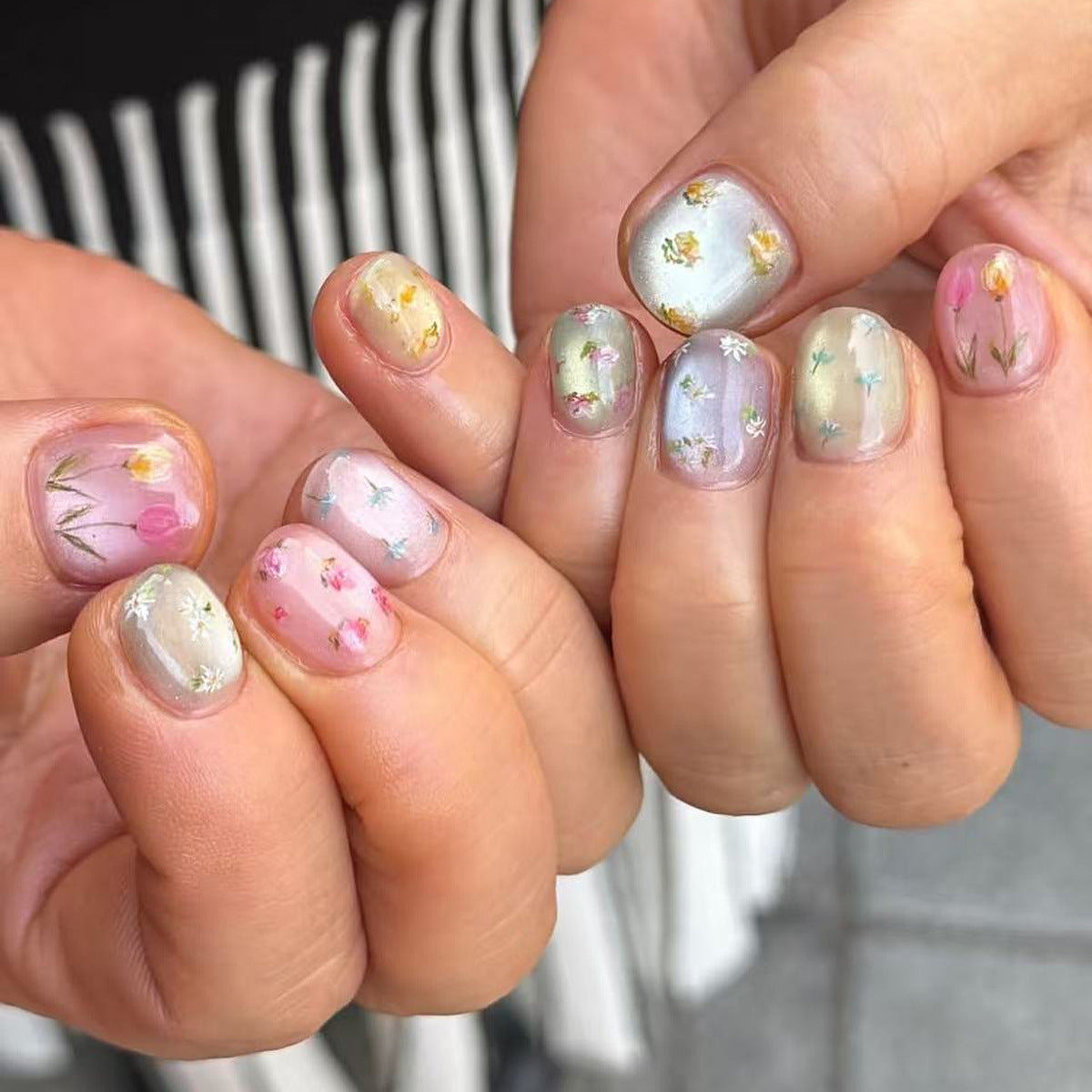 Floral Garden Medium Oval Multicolor Press On Nail Set with Hand-Painted Design