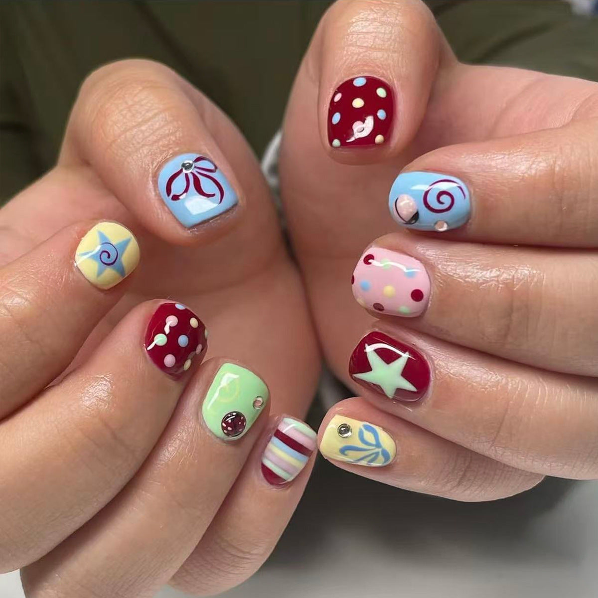 Whimsical Charm Short Square Colorful Patterns with Unique Designs Press On Nail Set