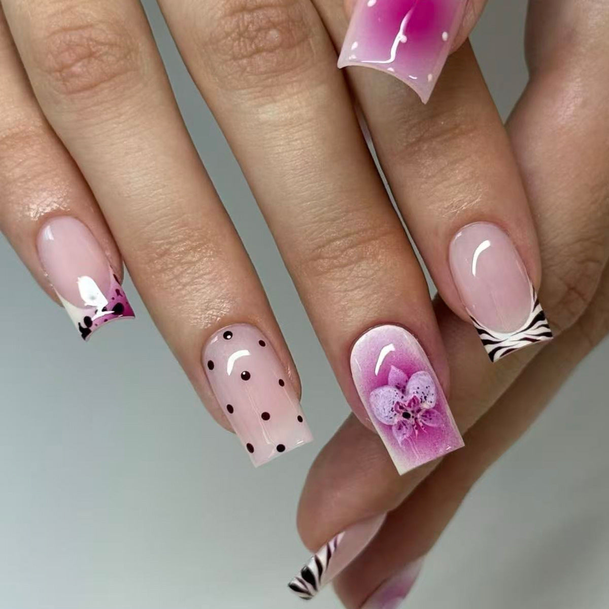 Floral Elegance Long Square Pink Ombre with Butterfly Design Press on Nail Set