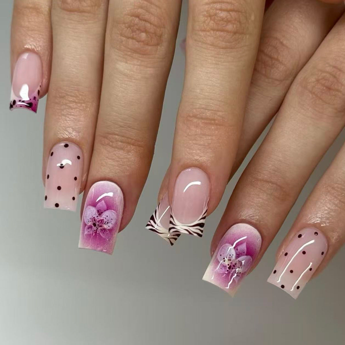 Floral Elegance Long Square Pink Gradient with Orchid Design Press On Nail Set