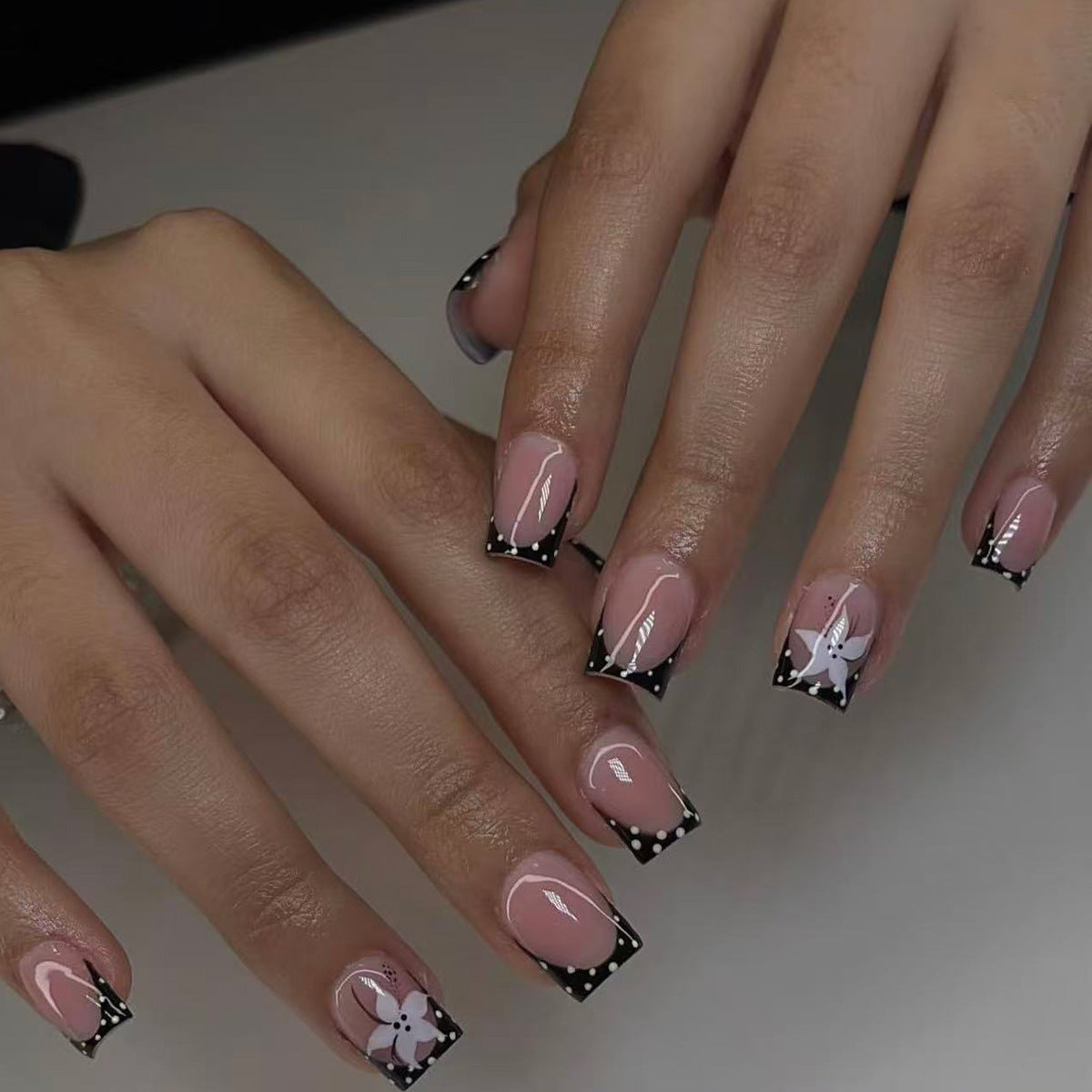 Elegant Floral Fantasy Medium Square Pink with Striking Black Tips Press on Nail Set