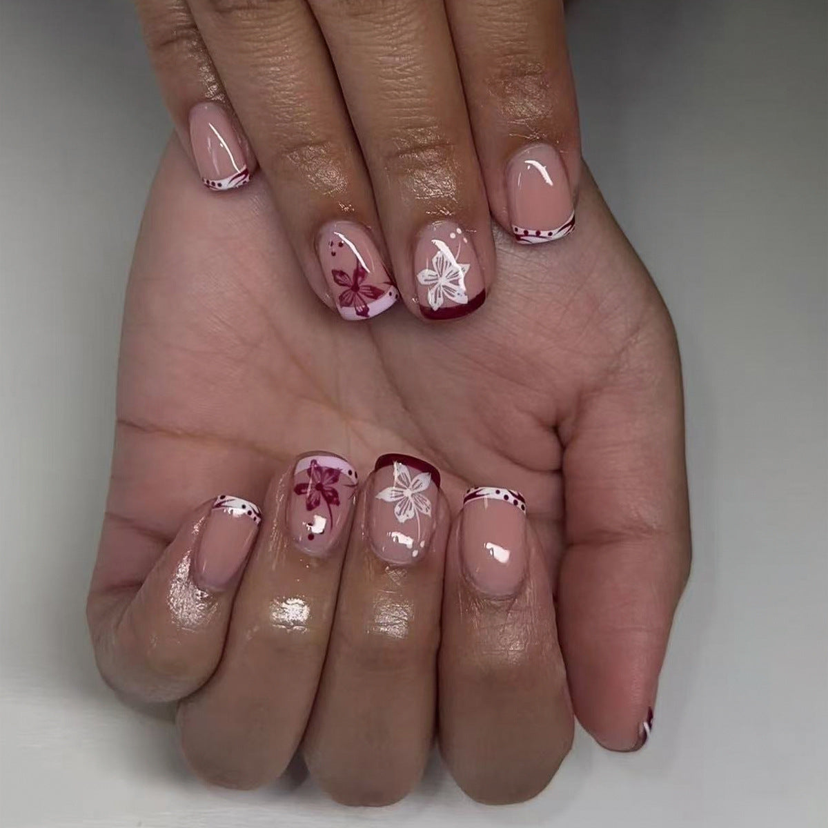 Floral Elegance Short Square Warm Pink with Charming Flower Designs Press on Nail Set