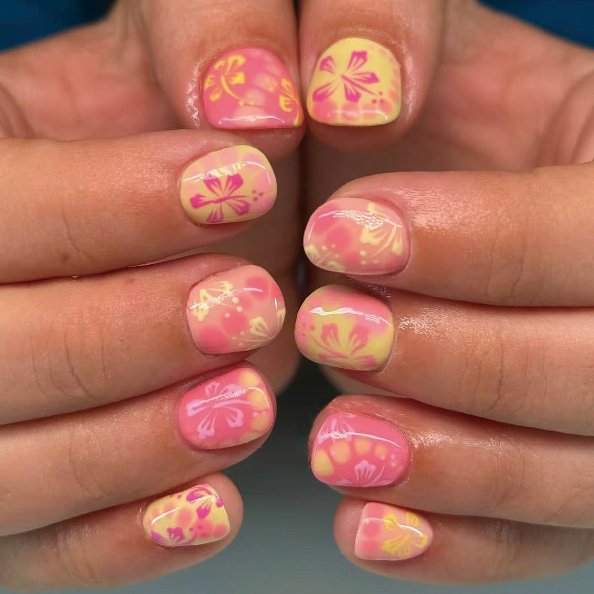 Tropical Blossom Short Square Pink and Yellow Floral Nail Press Set