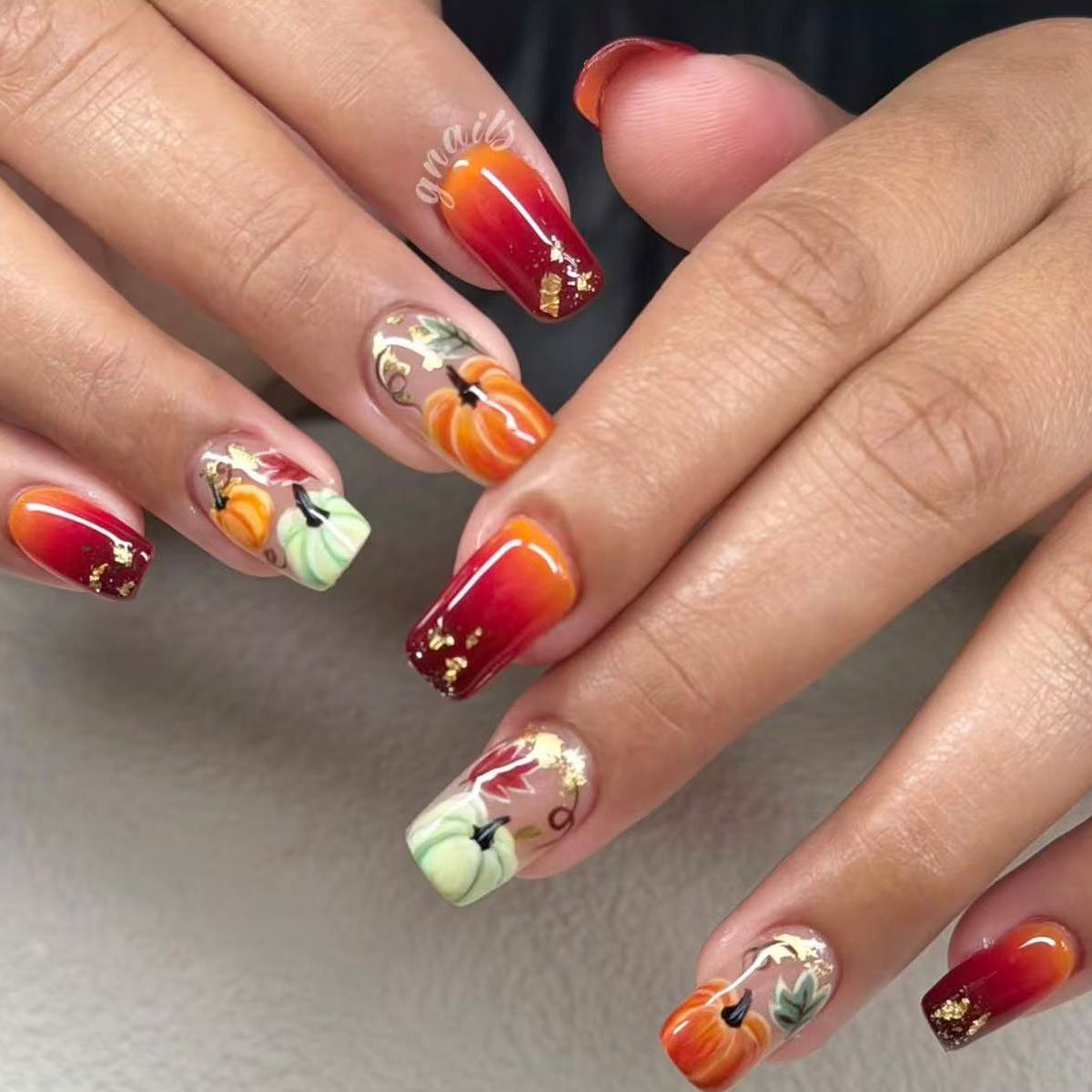 Autumn Harvest Medium Square Red and Orange Ombre with Pumpkin and Leaf Designs Press On Nail Set