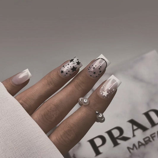Cosmic Elegance Long Square Milky White Starry Translucent Press On Nail Set