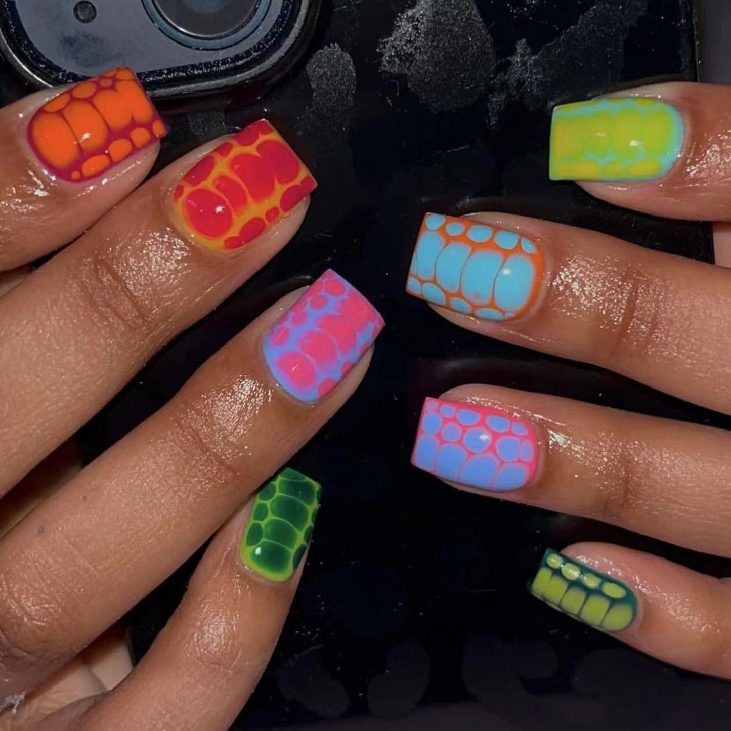 Neon Glow Short Square Press On Nail Set, Multi-Color with Glow-in-the-Dark Feature