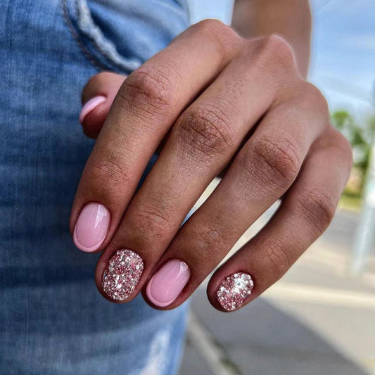 Glittering Glamour Short-Length Oval Pink Press On Nail Set with Sparkling Accents