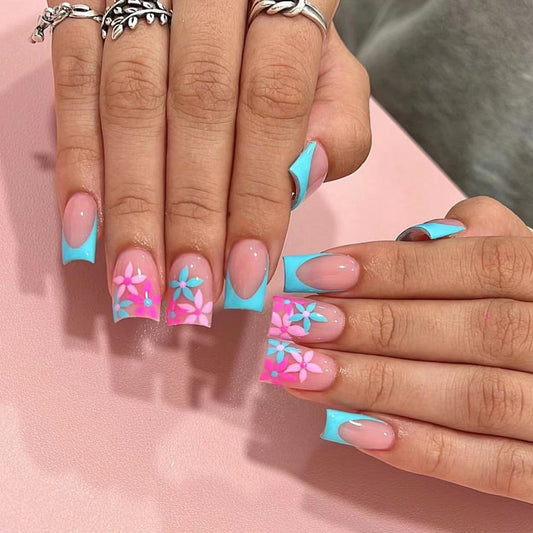 Spring Blossom Medium Duck Shape Pink and Blue Ombre Press On Nails with Floral Accents