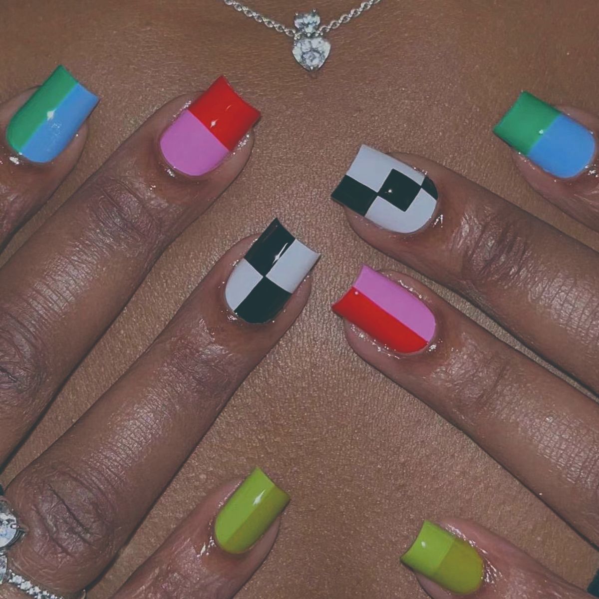 Abstract Artistry Medium Square Multicolor Geometric Block Press On Nail Set