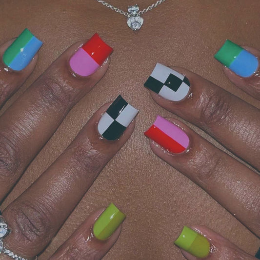 Abstract Artistry Medium Square Multicolor Geometric Block Press On Nail Set