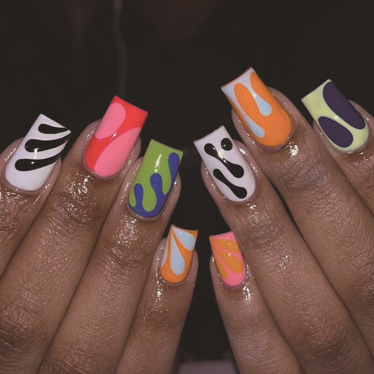 Abstract Art Long Square Multicolor Press On Nails with Drip Design - Fashionable Nail Art Set