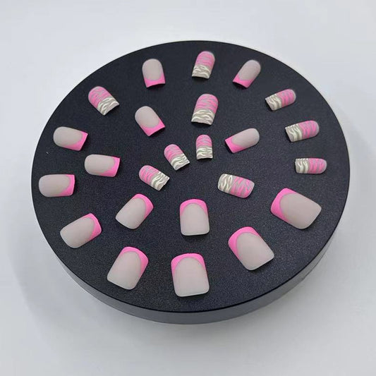 Safari Adventure Medium Square Pink and White Zebra Stripe Press On Nail Set with Matte Finish