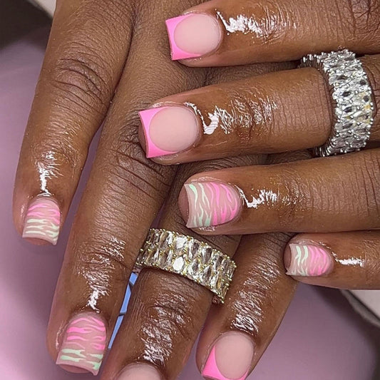 Candy Crush Medium Square Baby Pink Press On Nail Set with Swirl Accent Design