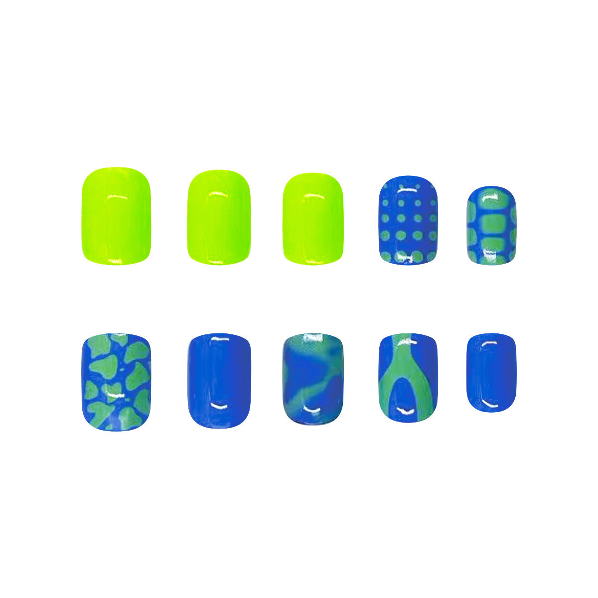 Set of green and blue nail designs on a white background