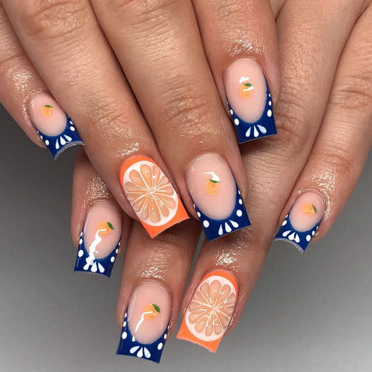 Citrus Splash Medium Square Orange and Blue Press On Nail Set with Fruit Accents and Polka Dot Details