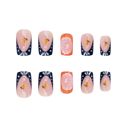 Tropical Citrus Fiesta Medium Square Pink and Navy Polka Dot Press On Nail Set with Orange Slice Accents