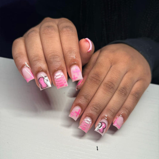 Flamingo Fantasy Medium Duck Pink Press on Nail Set with Hand-Drawn Art Accent Nails