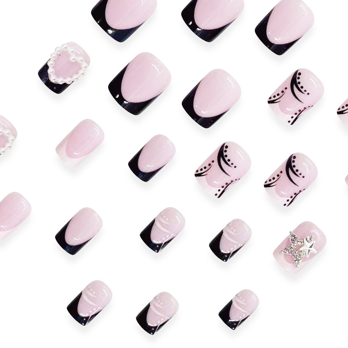 Enchanted Elegance Long Length Square Pink and Black Press On Nail Set with Rhinestones and Pearl Accents
