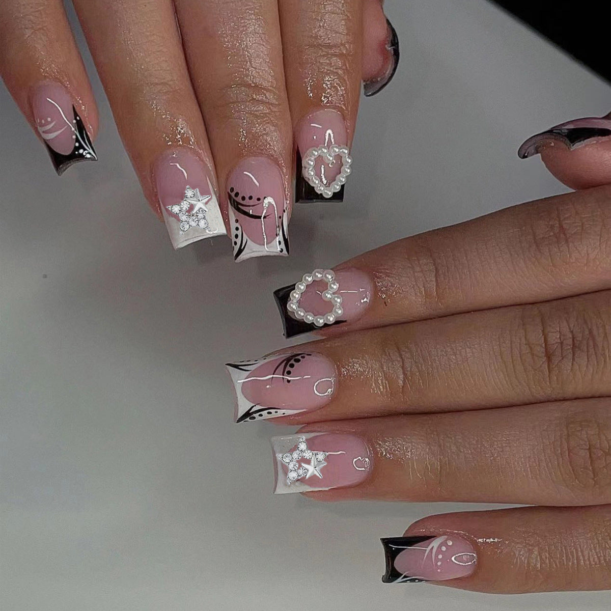 Enchanted Elegance Long Square Pink Press On Nail Set with Rhinestone Accents and Pearl Embellishments