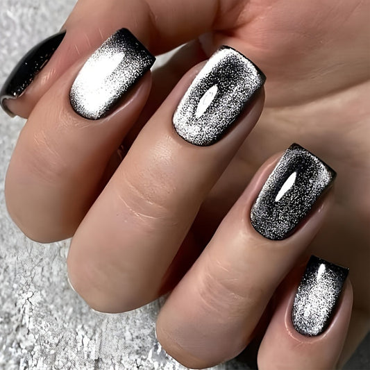 Glamorous Midnight Sparkle Long Square Black and Silver Glitter Press On Nail Set