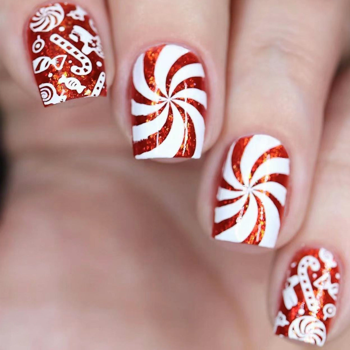 Candy Wonderland Short Square Red and White Press On Nail Set with Whimsical Swirl Design