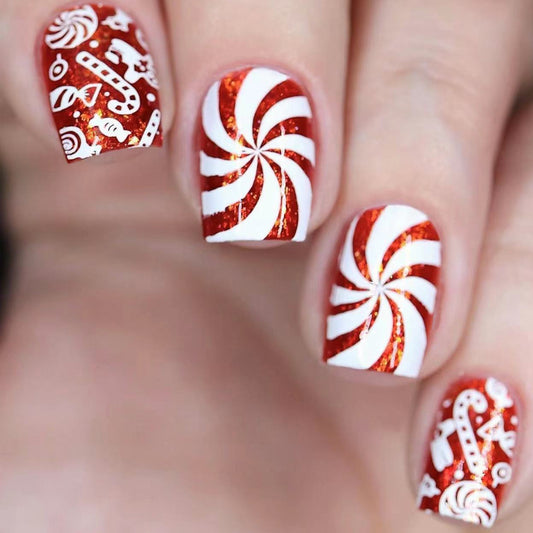 Candy Wonderland Short Square Red and White Press On Nail Set with Whimsical Swirl Design