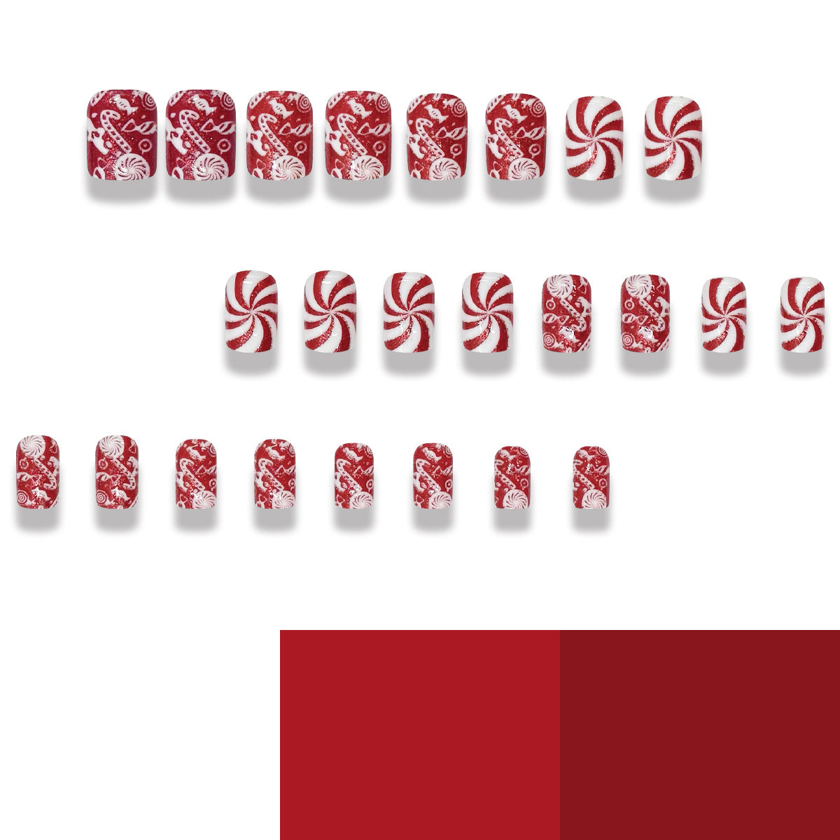 Festive Spirit Red Short Square Nail Set with Whimsical Candy Swirl Design