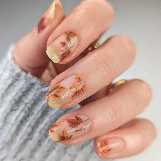 Autumn Serenity Medium Square Shape Natural Beige Press On Nail Set with Botanical Floral Accents