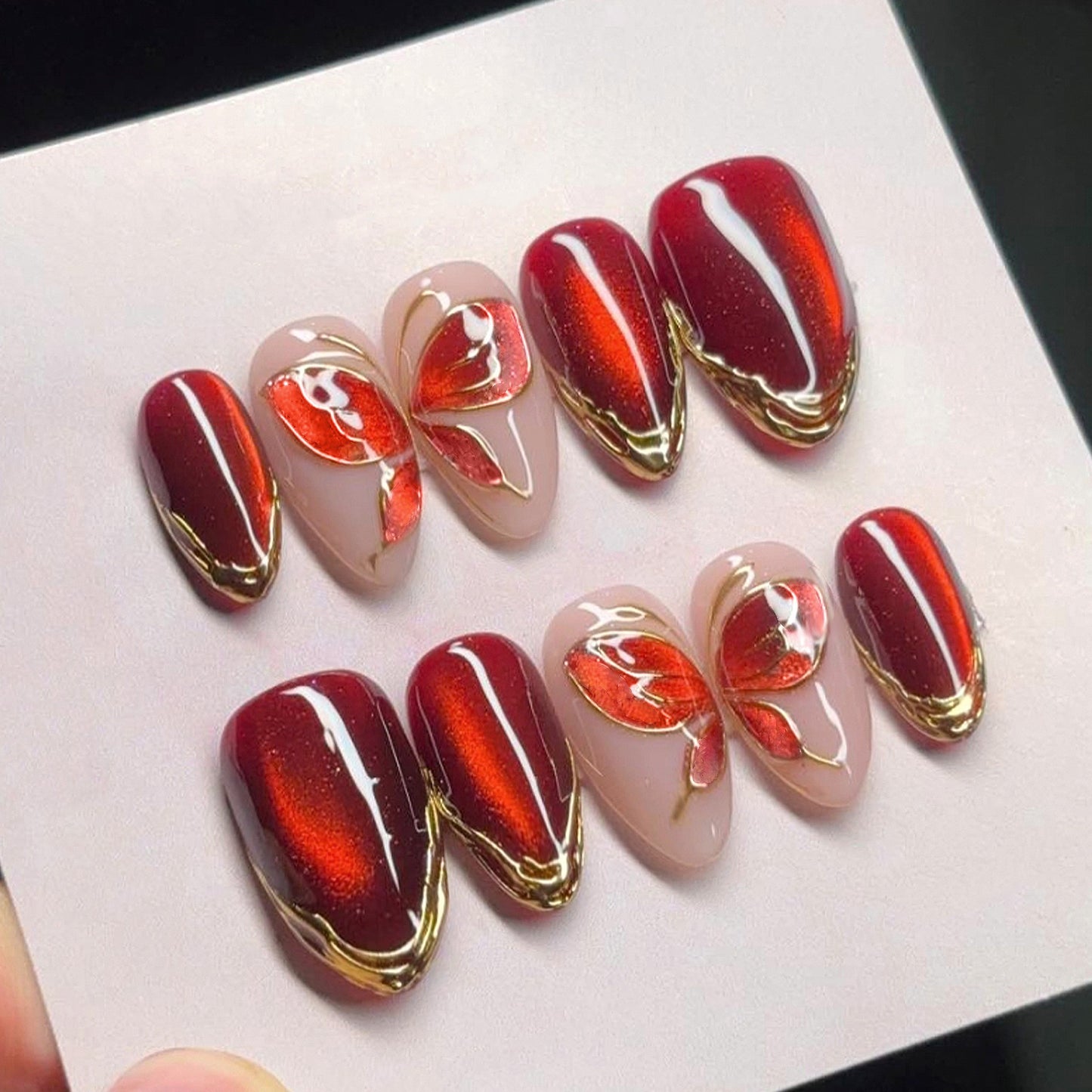 Fluttering Fantasy Medium Almond Red with Butterfly Art Press On Nail Set