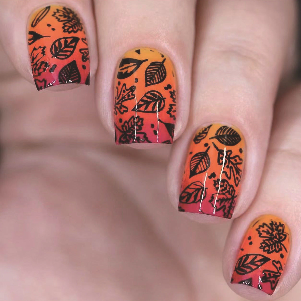 Autumn Bliss Square Press On Nail Set Medium Orange and Red Gradient with Leaf Design