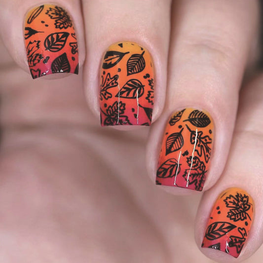 Autumn Bliss Square Press On Nail Set Medium Orange and Red Gradient with Leaf Design