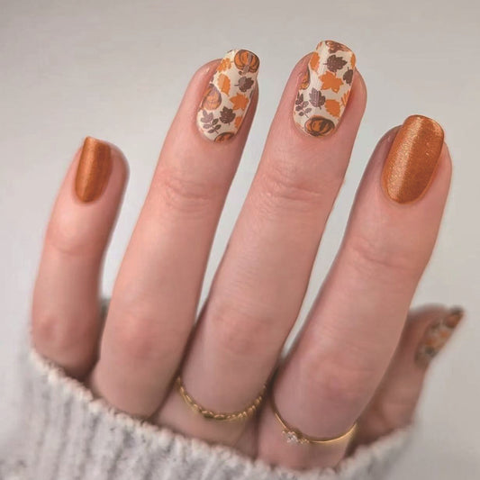 Pumpkin Spice Delight Medium Square Orange and Cream Autumn Pattern Press On Nail Set