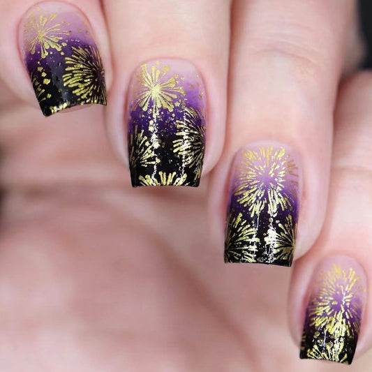 Fireworks Fantasy Medium Square Purple and Black Press On Nail Set with Gold Sparkle Design