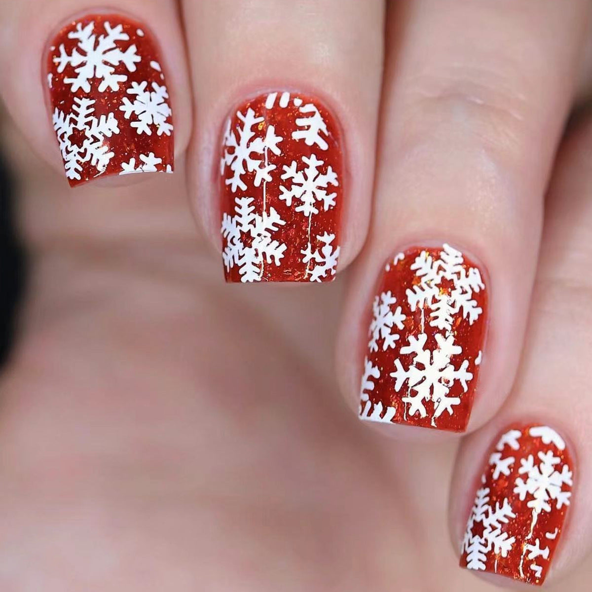 Festive Winter Wonderland Short Square Red Glitter Snowflake Press On Nail Set