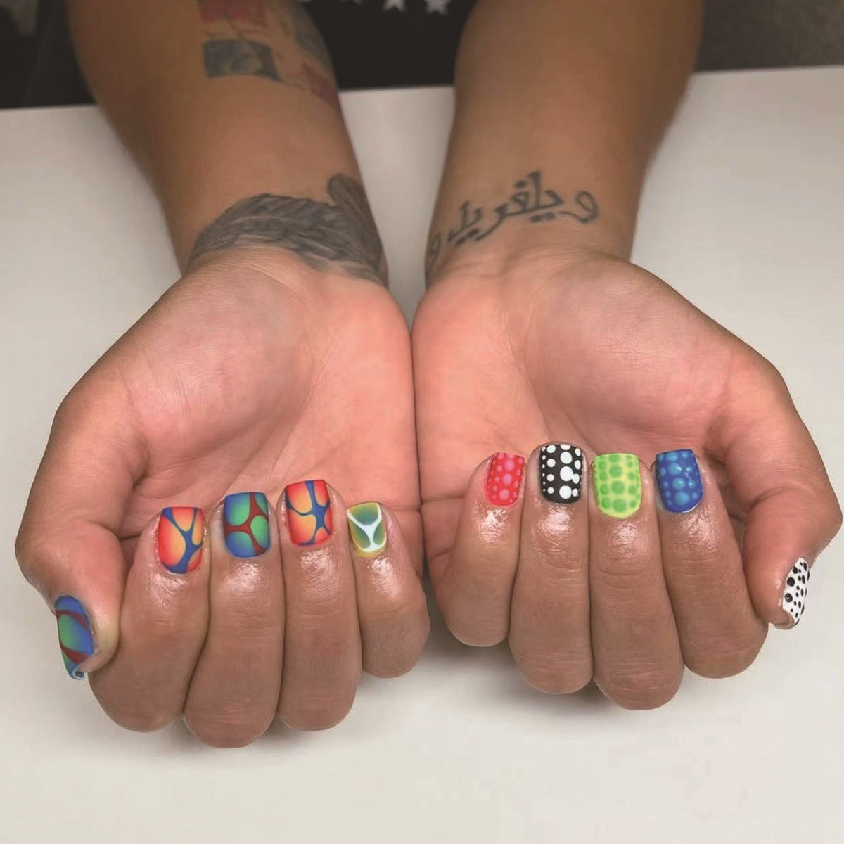 Artistic Inspiration Extra Short Square Multi-Colored Press On Nail Set with Unique Abstract Patterns