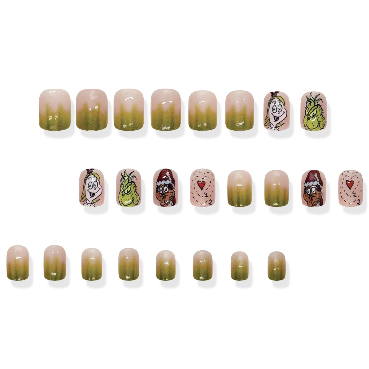 Whimsical Holiday Delight Square Medium Green Ombre Press On Nail Set With Grinch Theme And Fun Character Art