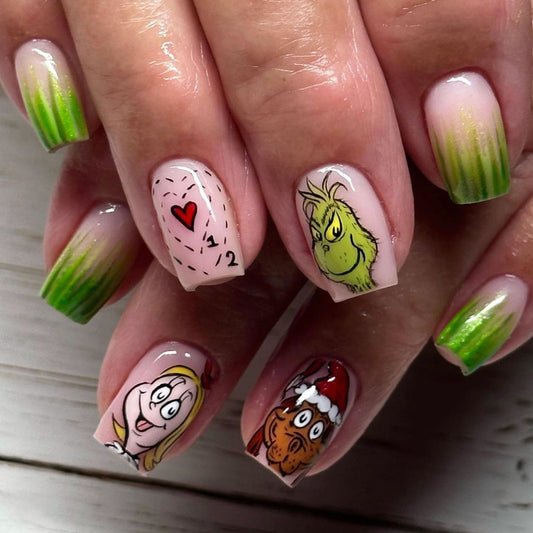 Whimsical Grinch Themed Medium Square Green Ombre Press On Nail Set With Cartoon Characters