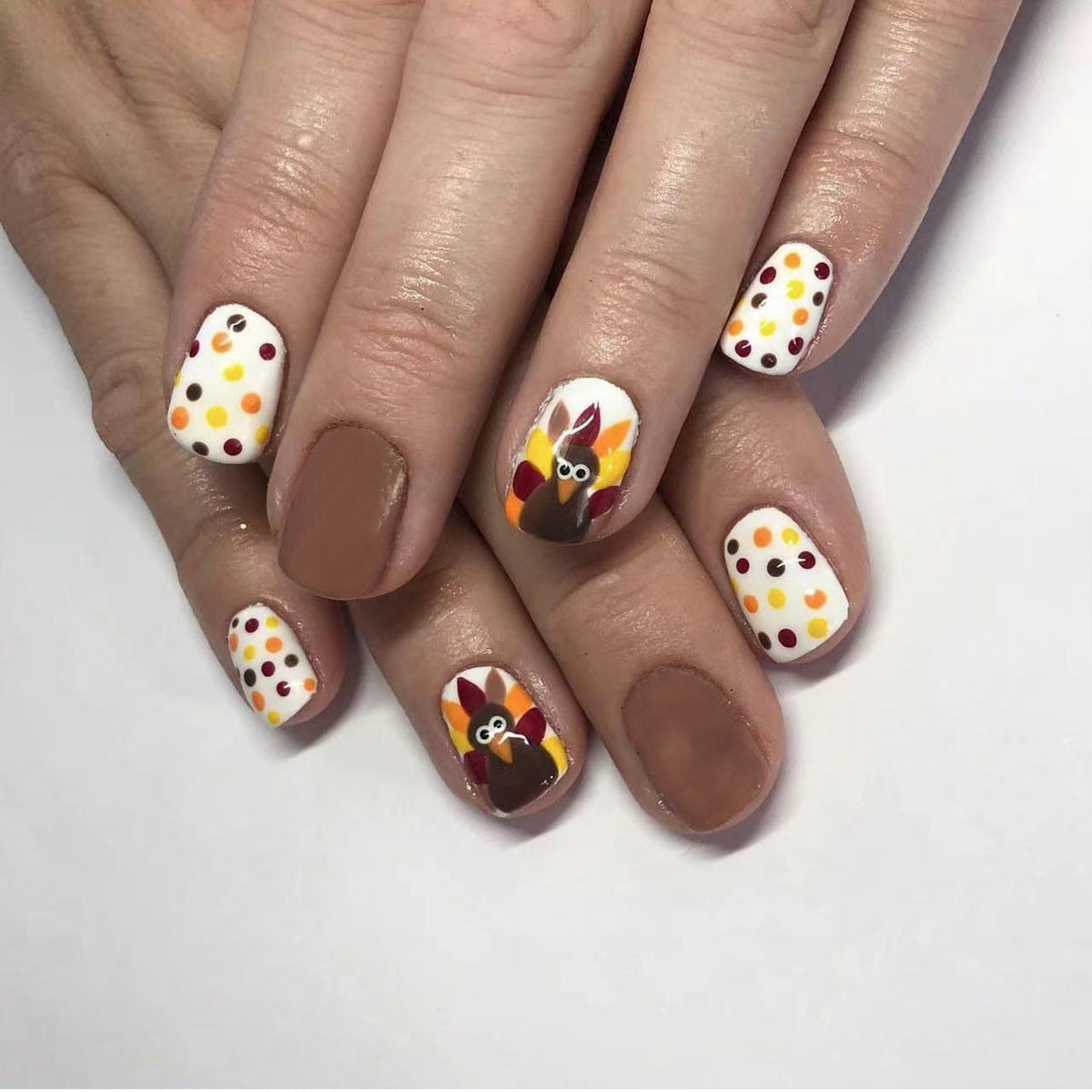 Thanksgiving Delight Short Oval Brown and White Press On Nail Set with Turkey and Polka Dot Design