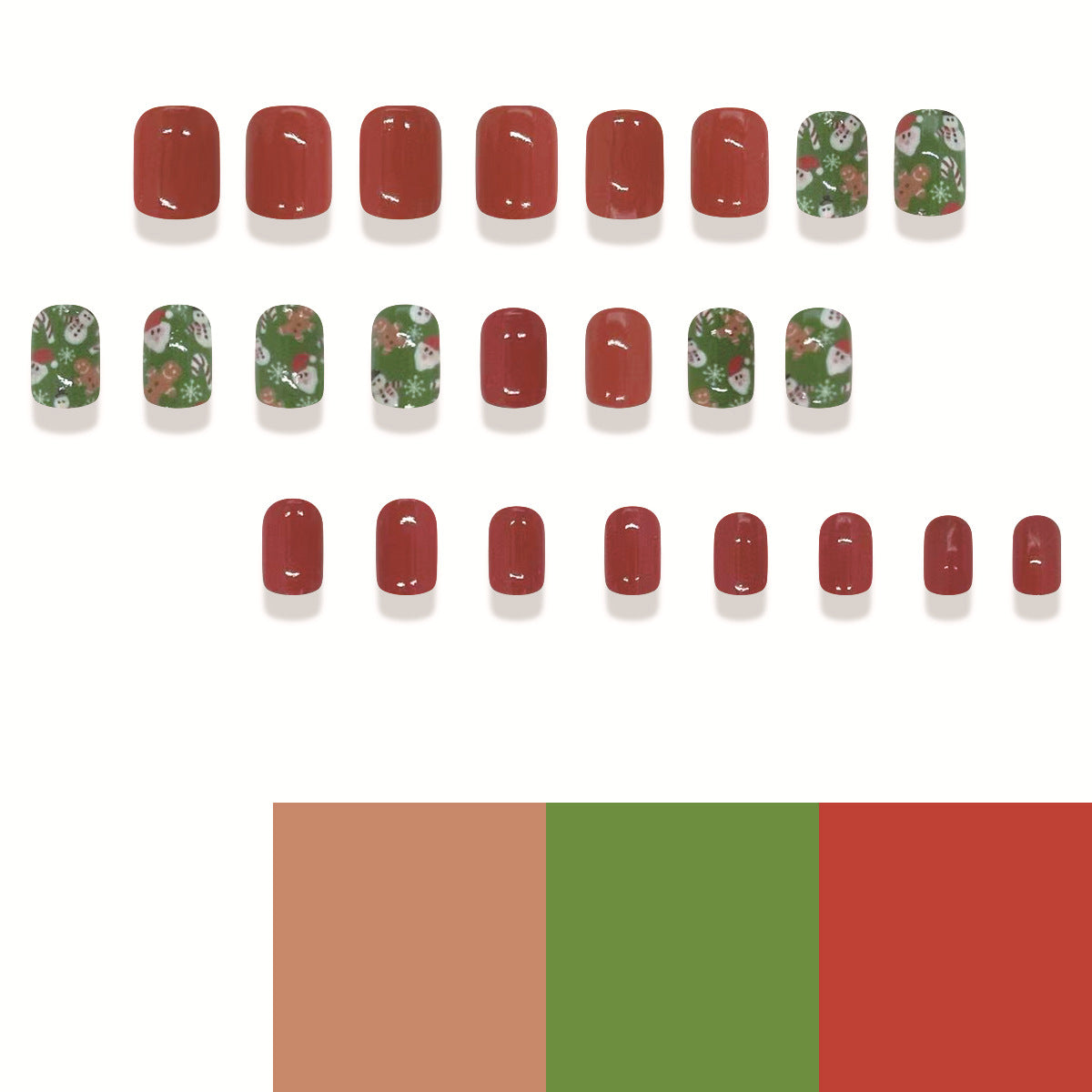 A set of press-on nails featuring a variety of holiday-themed designs, including red, green, and white colors with floral patterns.