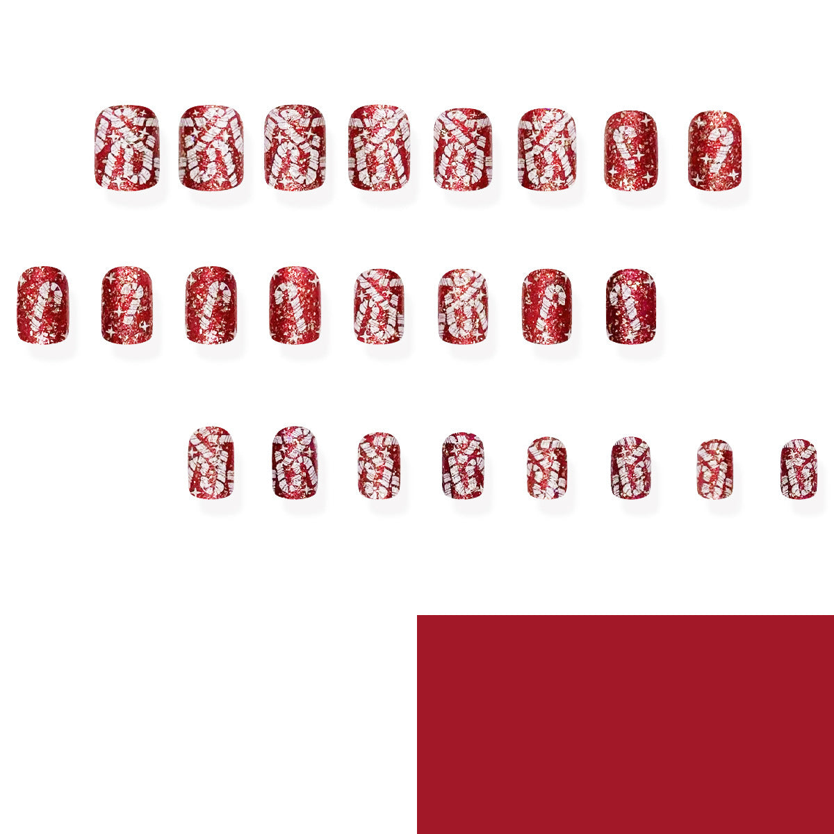 Festive Holiday Glam Red Square Press On Medium Nail Set with Glittery Stripe Design